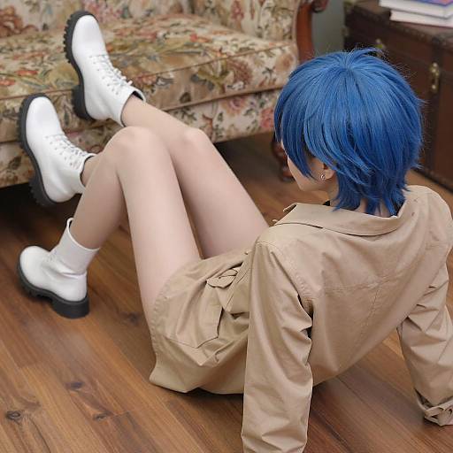 Blue-Haired Person on Wooden Floor