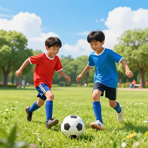 Photograph of two young Asian boys in red and blue soccer uniforms, playing soccer on a sunny grassy field with trees.