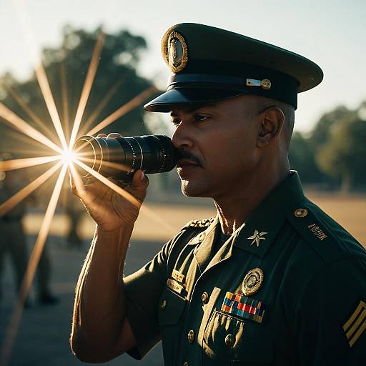 Military Officer Looking Through Monocular with Lens Flare
