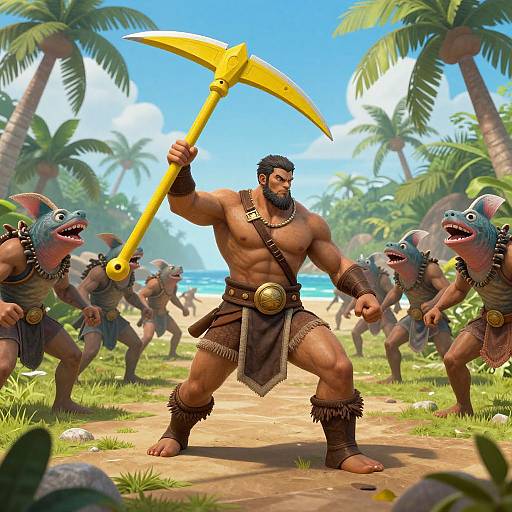 Muscular, bearded warrior with black hair holds yellow sickle, wearing brown loincloth and arm bands, stands on tropical beach with palm trees