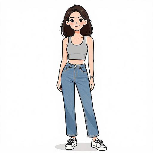 Digital illustration of a young Asian woman with straight black hair, wearing a gray crop top, blue high-waisted jeans, and white sneakers, standing