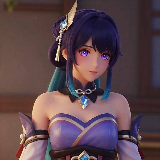 Animated Girl with Purple Hair and Crystal Eyes