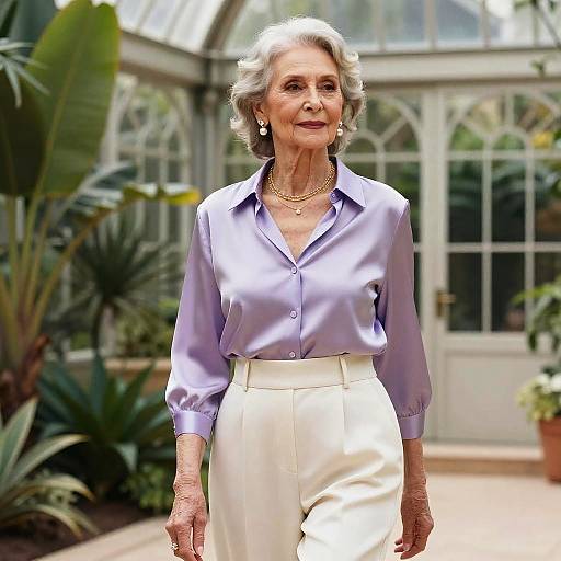 Photograph of an elderly woman with short gray hair, wearing a lavender blouse and white high-waisted pants, standing in a glass conservatory with