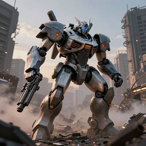 Photorealistic CGI of a towering, silver and grey humanoid robot with glowing blue eyes, wielding a large gun, standing amidst a destroyed urban cityscape