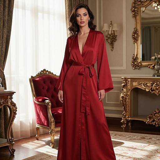 Photograph of a dark-haired woman in a deep red, long-sleeved silk robe standing in an opulent, gold-accented room with