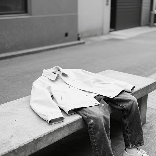 Black-and-white photograph of a bench with crumpled white paper and blue jeans draped over it, urban street background.