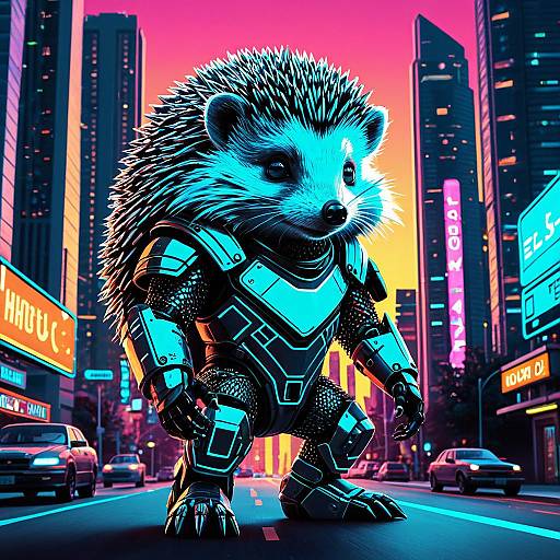 Luminous Cyber Hedgehog in Retro Futuristic Setting