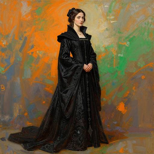 Photograph-style digital painting of a fair-skinned woman in an ornate, Victorian-style black dress with high collar and large sleeves, standing against a
