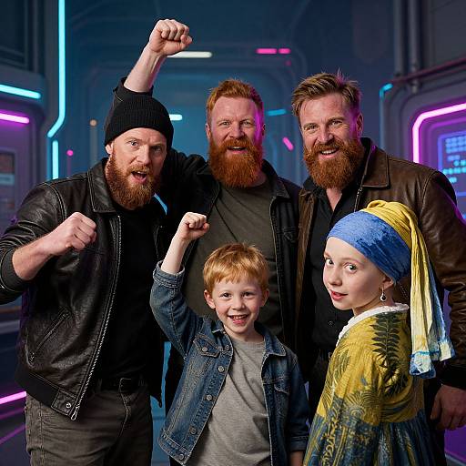 Photograph of five smiling bearded men and a girl in colorful neon-lit futuristic corridor, all raising fists in unity.