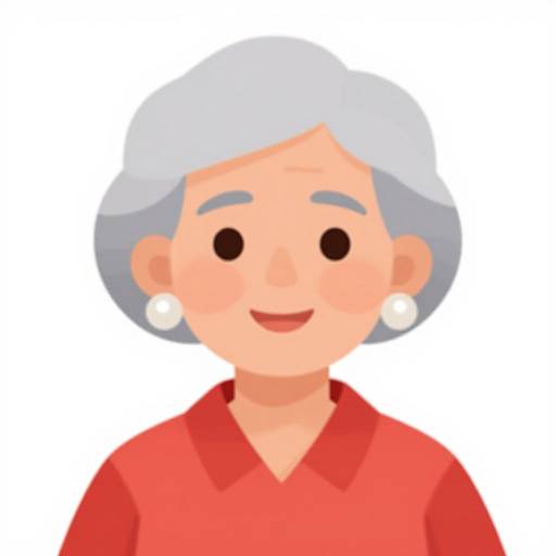 Digital cartoon of an elderly woman with short gray hair, wearing a red shirt and white earrings, smiling against a plain white background.