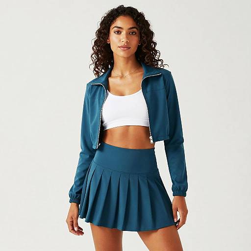 Photograph of a curly-haired woman with medium brown skin wearing a white crop top, blue denim jacket, and matching blue pleated skirt, standing against