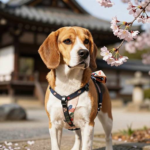 Elegant Japanese Beagle in Kimono Harness