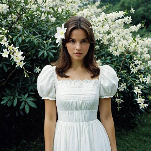 Young Woman in White Dress with Jasmine Flowers