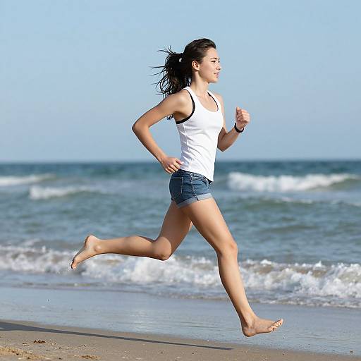 Photograph of a young woman with long dark hair, wearing a white tank top and denim shorts, running barefoot along a beach with gentle waves and