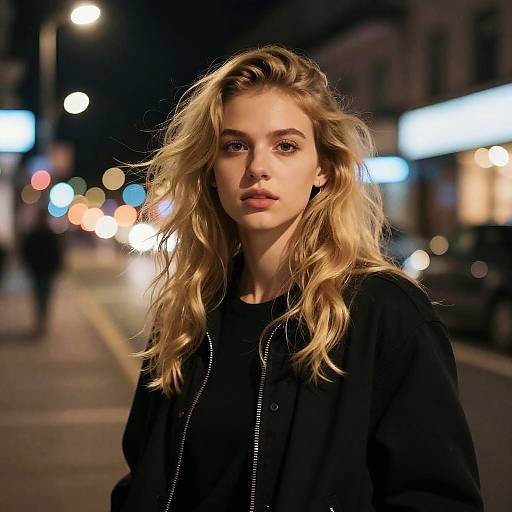 Photograph of a blonde, fair-skinned woman with wavy hair, wearing a black jacket, standing on a dark, illuminated urban street at night