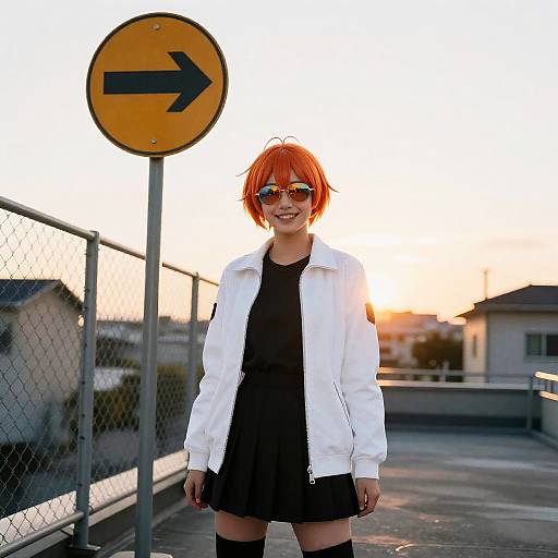 Cheerful Adachi Rei Outdoors at Sunset