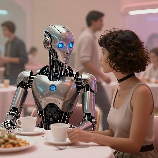 Photorealistic CGI: Curly-haired woman in white tank top and black choker sits at table with blue-eyed, silver robot holding cup. Bl