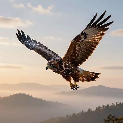 Photograph of a majestic hawk with brown and white feathers soaring against a pastel sunset sky, mountains and misty forest below.