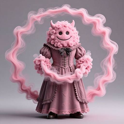 Photograph of a pink, fluffy-headed, horned figure in a Victorian dress, surrounded by a glowing pink energy ring, smiling.