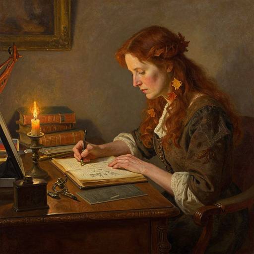 Baroque-style painting of a red-haired woman with autumn leaves earrings, writing in a book by candlelight, surrounded by books and ink.