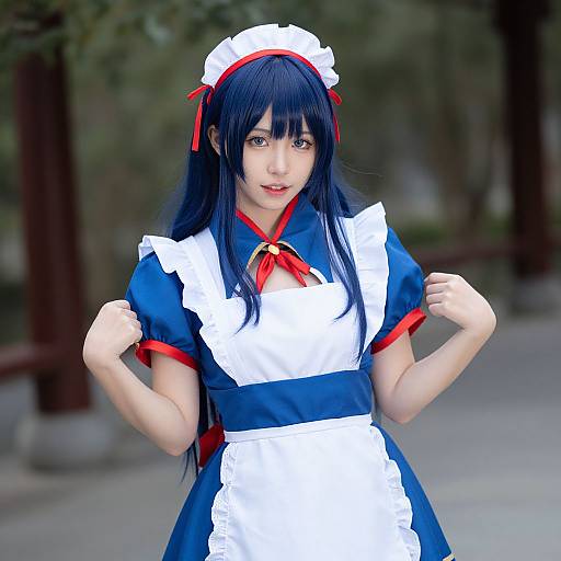 Photograph of an Asian woman with long black hair in a blue and white maid outfit with red ribbons, standing outdoors against a blurred forest background.
