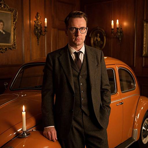 Photograph of a bespectacled man in a black three-piece suit standing beside an orange vintage car in a dimly lit, wood-paneled
