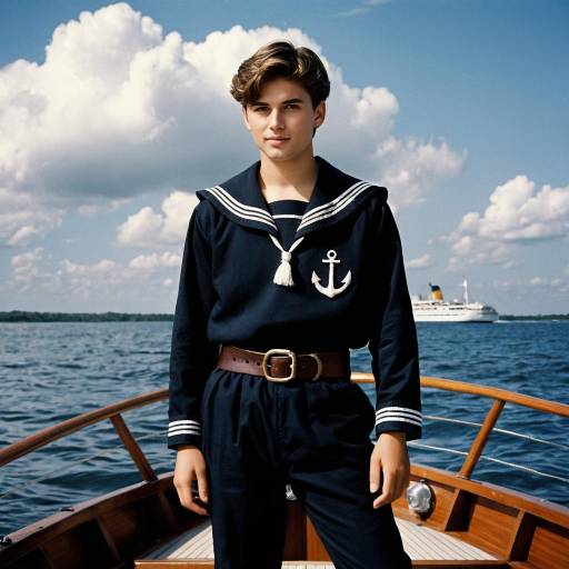 Young Man in Black Sailor Outfit on Boat