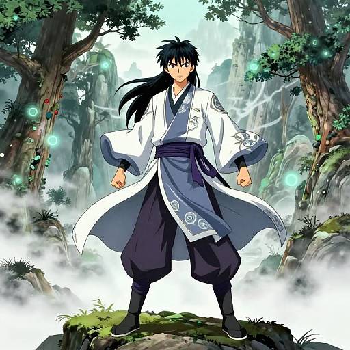Anime-style digital illustration of a black-haired male warrior in white and blue kimono, standing confidently in a mystical, foggy forest.