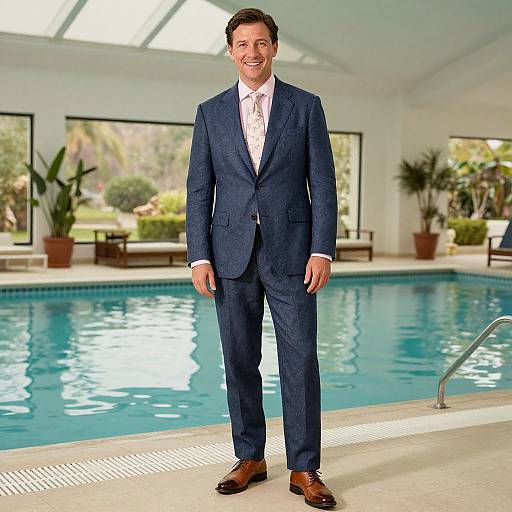 Photograph of a smiling man in a dark blue suit, white shirt, and brown shoes standing by an indoor pool with large windows and potted plants
