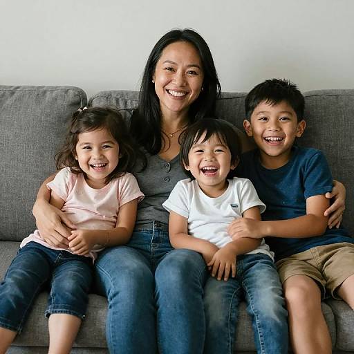 Photograph of a smiling Asian woman with long black hair, sitting on a gray couch, flanked by two laughing children, a girl in pink and