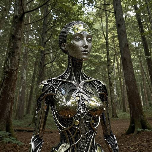 Photorealistic CGI of a shiny, metallic humanoid robot with golden chest plates standing in a dense, sunlit forest.