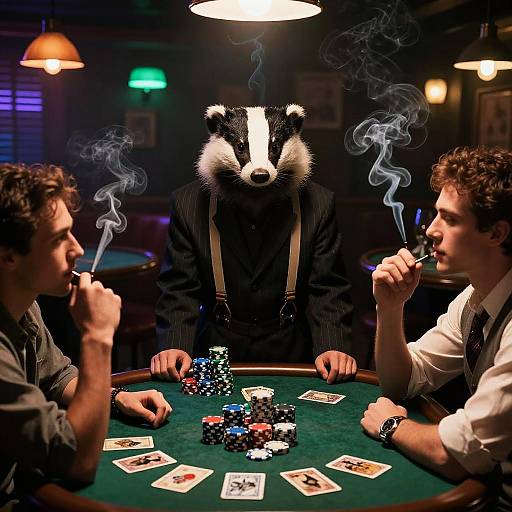 Photograph of two smoking men at a poker table with a anthropomorphic badger dealer, surrounded by poker chips and cards.