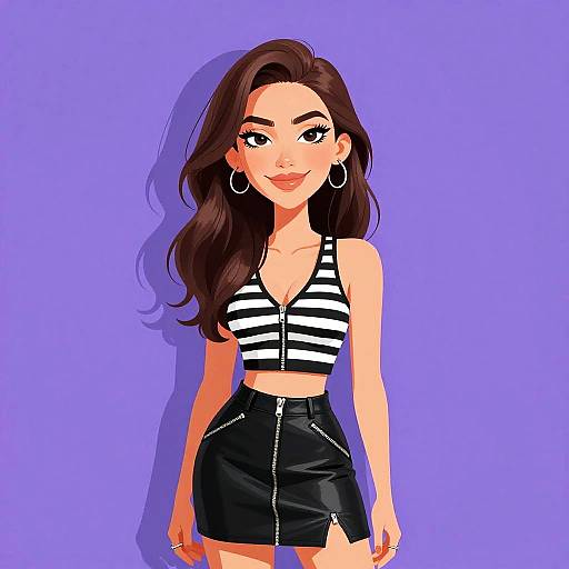 Digital drawing of a smiling woman with long brown hair, wearing a striped crop top, black skirt with zipper, hoop earrings, against a purple background.