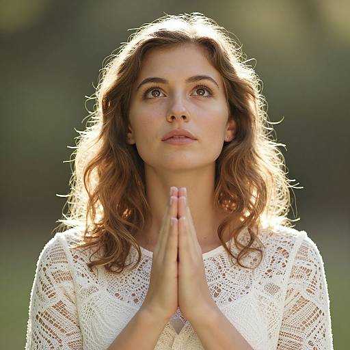 Photograph of a fair-skinned woman with wavy brown hair, wearing a white lace top, hands in prayer position, sunlight illuminating her,