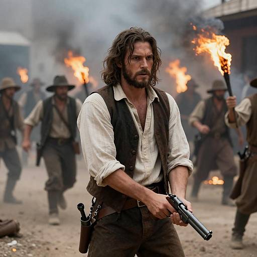 Determined Man Amidst Fiery Chaos