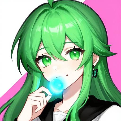 Digital anime-style portrait of a green-haired girl with glowing green eyes, touching a blue light to her lips. Pink and white background. Butterfly earring
