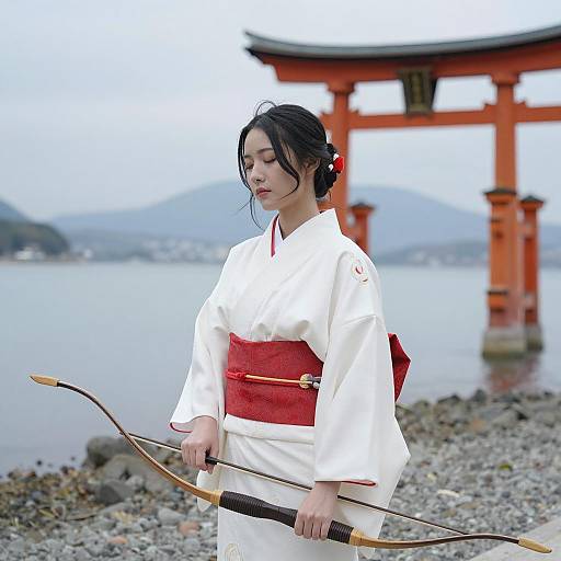 Traditional Japanese Woman by the Shore