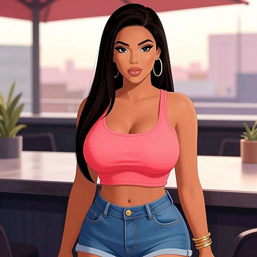 Digital art of a curvy woman with long black hair, large breasts, wearing a pink crop top and blue denim shorts, standing in a sunlit