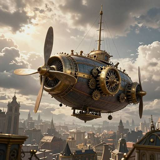 Photorealistic CGI of a steampunk airship with brass propellers and gears, soaring above a medieval cityscape under a dramatic, cloud-filled