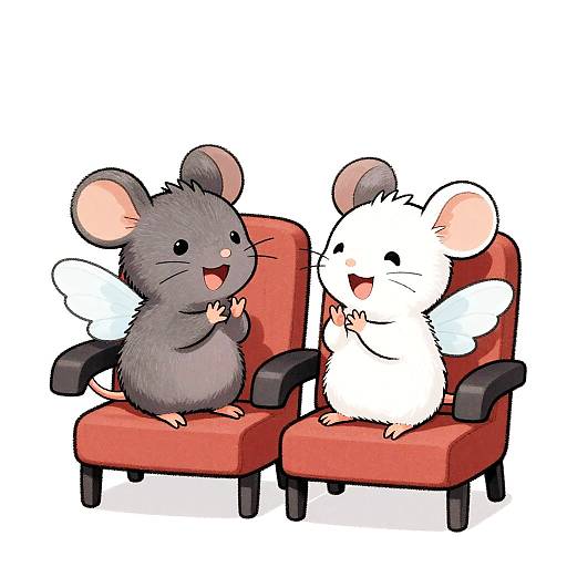 Cute digital illustration of two mice, one gray with small white wings and the other white with small white wings, sitting in red armchairs,