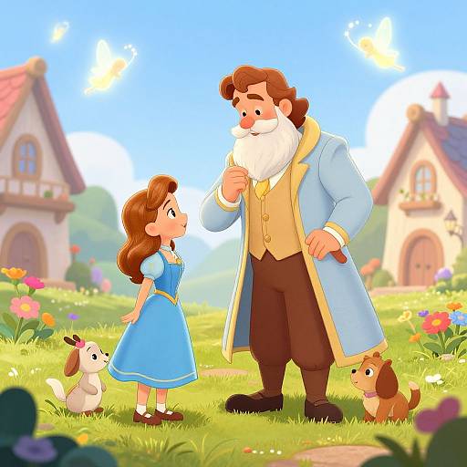 Digital illustration of a bearded man in a blue coat and brown pants, standing with a young girl in a blue dress, surrounded by a dog and