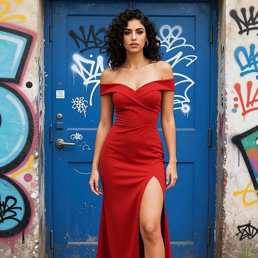 Photograph of a curly-haired woman in an off-shoulder, red, thigh-slit dress standing in front of a blue, graffiti-covered door