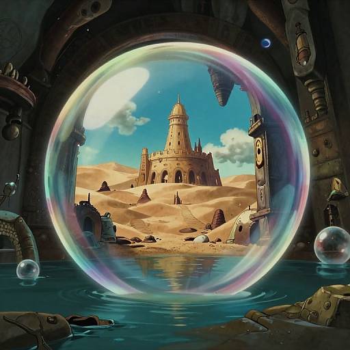 Digital art: a vibrant, rainbow-tinged bubble in a dark, steampunk cave reveals a sunlit desert with an ancient, castle-like