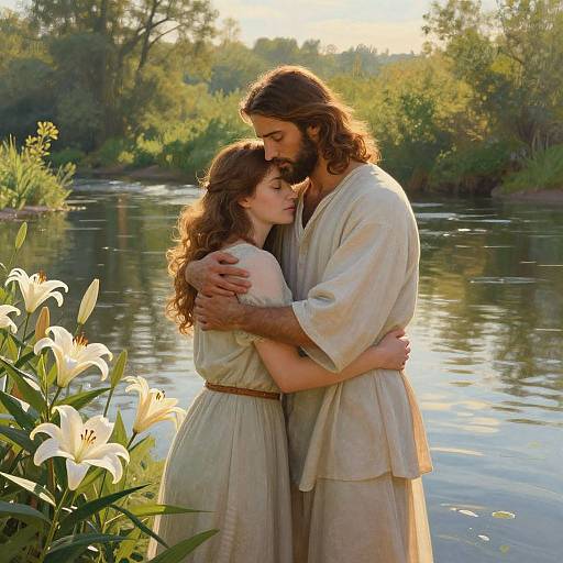 Photograph of a long-haired, bearded man and woman in beige robes, embracing by a sunlit river with white lilies, surrounded by lush