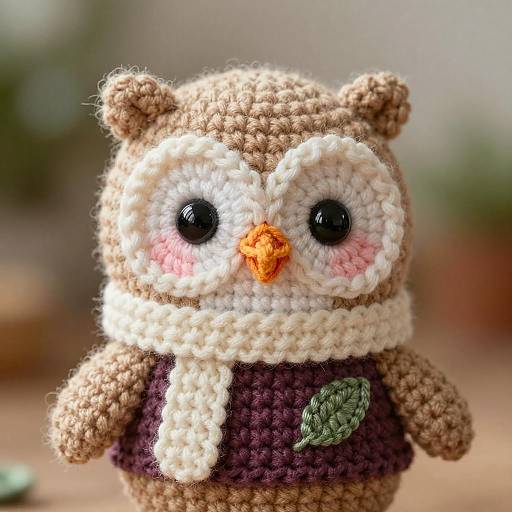 Crocheted owl figurine with brown body, white face, black eyes, orange beak, pink cheeks, purple sweater, green leaf, and