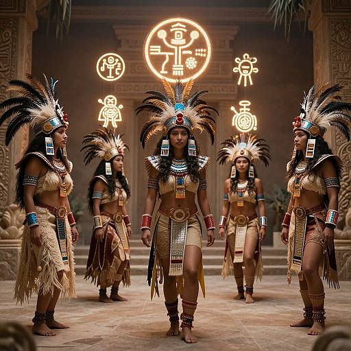 Photograph of five Indigenous women in traditional Mayan-inspired attire, adorned with feather headdresses and beaded jewelry, walking in a dimly-lit