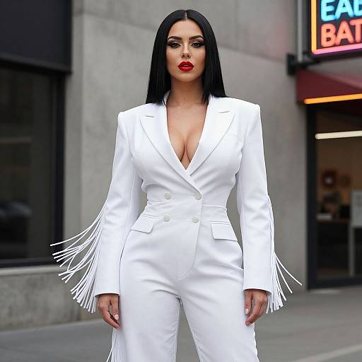 Photograph of a confident woman with long black hair, red lipstick, and white fringed suit, standing in an urban street with neon signs.