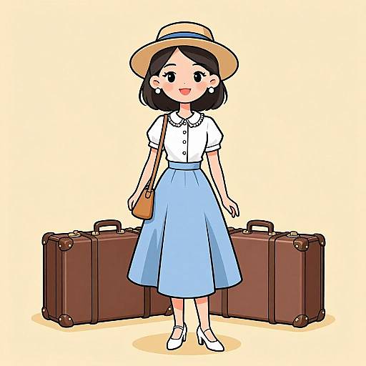 Digital anime-style drawing of a cute young woman with short black hair, wearing a white shirt, blue skirt, white shoes, and straw hat, standing