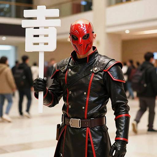 Bald Man in Red Mask and Leather Outfit