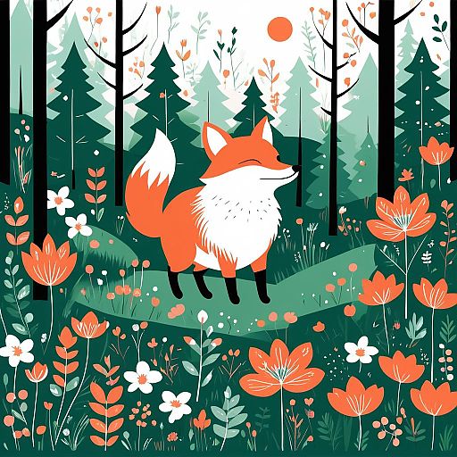 Playful Fox in Minimalist Forest Art Playful Fox in Minimalist Forest Art